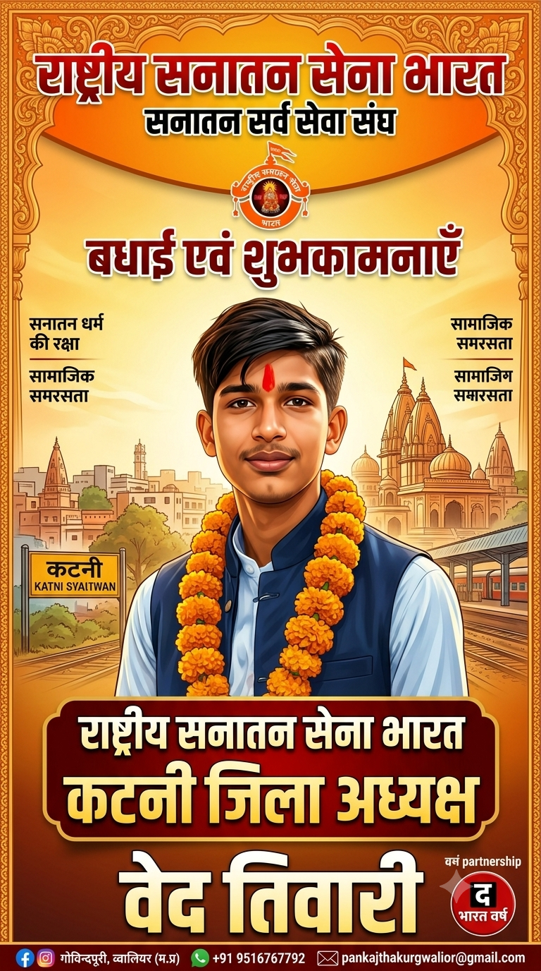 राष्ट्रीय सनातन सेना संगठन भारत के कटनी जिला अध्यक्ष बने वेद तिवारी