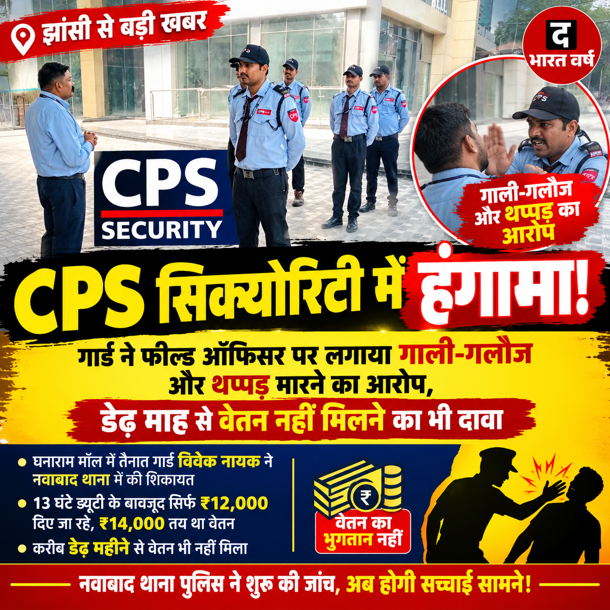 CPS सिक्योरिटी में हंगामा! गार्ड ने फील्ड ऑफिसर पर लगाया गाली-गलौज और थप्पड़ मारने का आरोप, डेढ़ माह से वेतन नहीं मिलने का भी दावा
