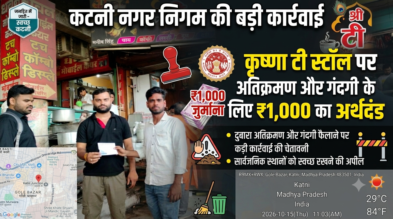 कटनी नगर निगम की कार्रवाई: कृष्णा टी स्टॉल पर ₹1,000 का जुर्माना, दोबारा अतिक्रमण और गंदगी फैलाने पर कड़ी कार्रवाई की चेतावनी